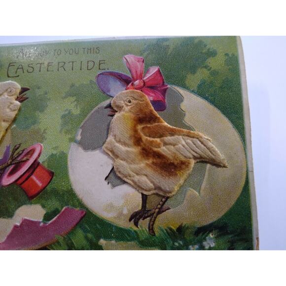 Easter Postcard 3-D Raised Image Fabric Fantasy Chicks On With Top Hat Germany - Picture 5 of 6